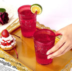 Ciaell 12 Pack Romantic Plastic Water Glasses - 14 Oz Red Vintage Drinking Glasses, Embossed Ribbed Plastic Cups, Textured Striped Set for Juice, Beverages, Beer, Cocktail & Mother's Day