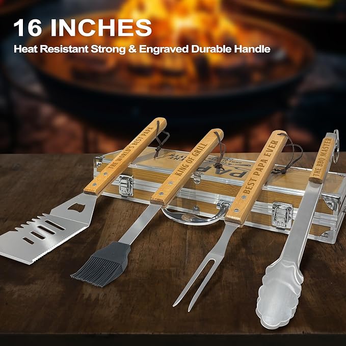 Papa Gifts from Grandkids, Gift for Papa Fathers Day Heavy Duty Wooden BBQ Grilling Accessories Kit for Backyard, Thick Stainless Steel Grill Utensils with Non-Slip Handle Tools in Portable Bag