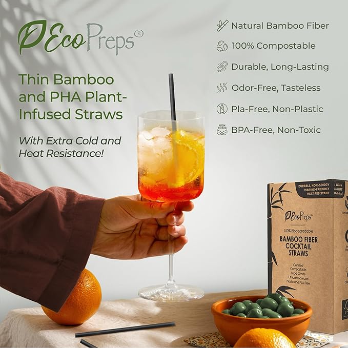 5” Short Biodegradable Bamboo Fiber Cocktail Straws | 200 Count, 100% Compostable, Plastic-Free, Eco-Friendly Drinking Straws | 5-Inch, Heat-Resistant PHA Coffee and Cocktail Stirrers (Black)
