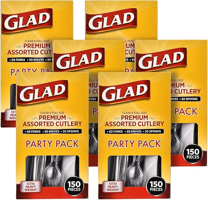 Glad Premium Assorted Plastic Cutlery | Clear Extra Heavy Duty forks, Knives, And Spoons | 150 Piece Set of Disposable Party Utensils, and Sturdy Cutlery - 6 Pack