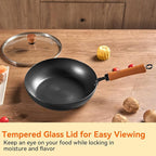 WANGYUANJI 11" Iron Skillet with Glass Lid & Griddle Spatula, Flat-Bottom Frying Pan, Uncoated & Unseasoned, Induction/Gas/Electric Compatible, Wooden Handle (Seasoning Required)