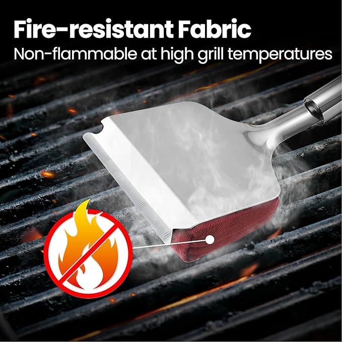 2-in-1 Stainless Steel Grill Brush Cleaning Kit, Grilling Accessories, Interchangeable BBQ Brush & Griddle Scraper with Fire-Resistant Cleaning Sponge, Dishwasher Safe Grill Cleaner, BBQ Accessories