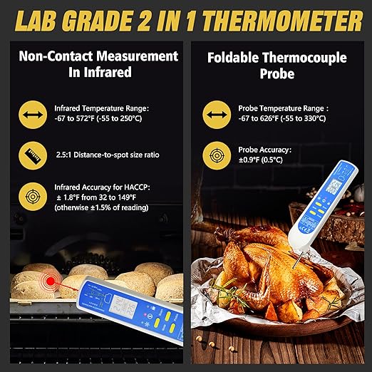 Instant Read Thermometer Waterproof Digital Meat Thermometer for Food with Bright LCD Screen 2 in 1 Infrared Thermograph with Meat Probe for BBQ Grilling Cooking Baking Kitchen (Model AMT206)