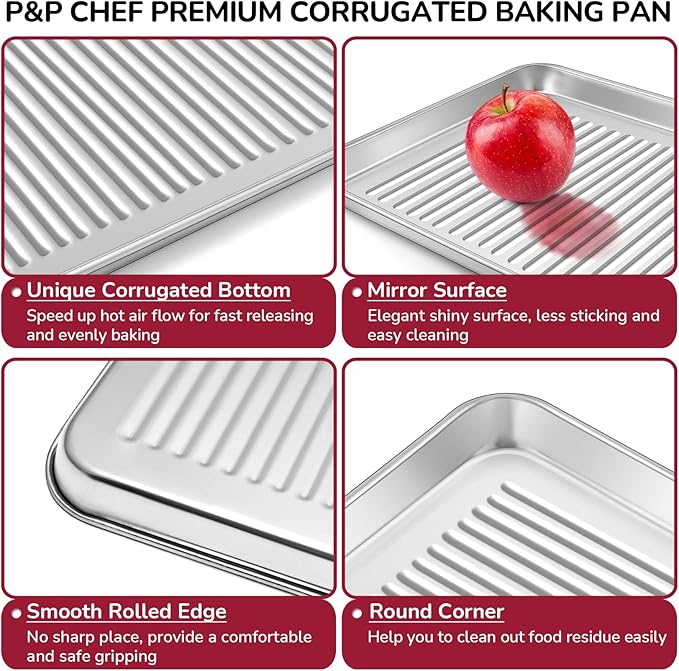 P&P CHEF 10.4 x 8 x 1 Inch Mini Toaster Oven Pan, Stainless Steel Small Baking Pan Oven Tray for Cooking & Roasting, Corrugated Bottom, Healthy & Sturdy, Dishwasher Safe - 2Pcs