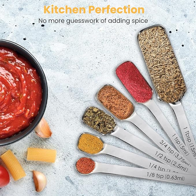Stainless Steel Measuring Spoons Set of 6, Rectangular Metal Measuring Spoons for Dry & Liquid Ingredients, Slim Design Fits in Spice Jars, Kitchen Gadgets for Baking & Cooking