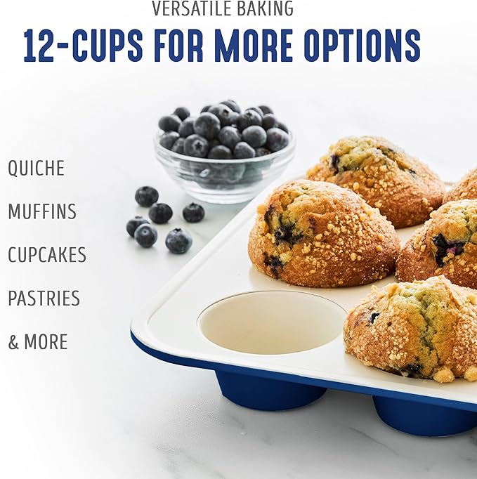 GreenLife 12-Cup Muffin Pan, PFAS-Free Healthy Nonstick Baking Tray, 11.4" x 1.9" x 15.9", Durable Ceramic Bakeware, Cupcakes, Egg Bites, Tarts, Brownies, Blue