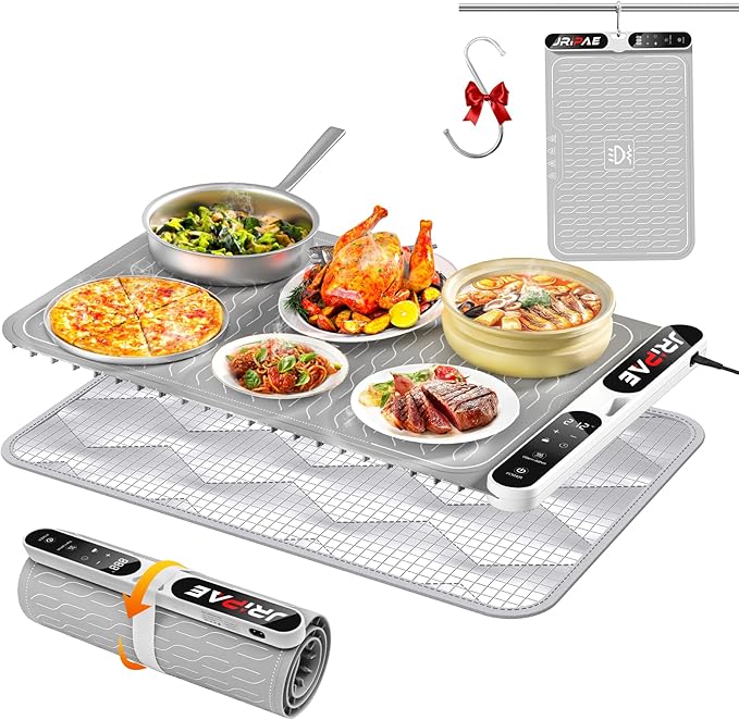 Warming Mat for Food, Fast Heating Silicone Electric Warming Tray with Heat Resistant Pad Protects Table,7 Level Temp, 8H Timer, Portable & Rollable Food Warmers for Parties Buffet, Daily Use