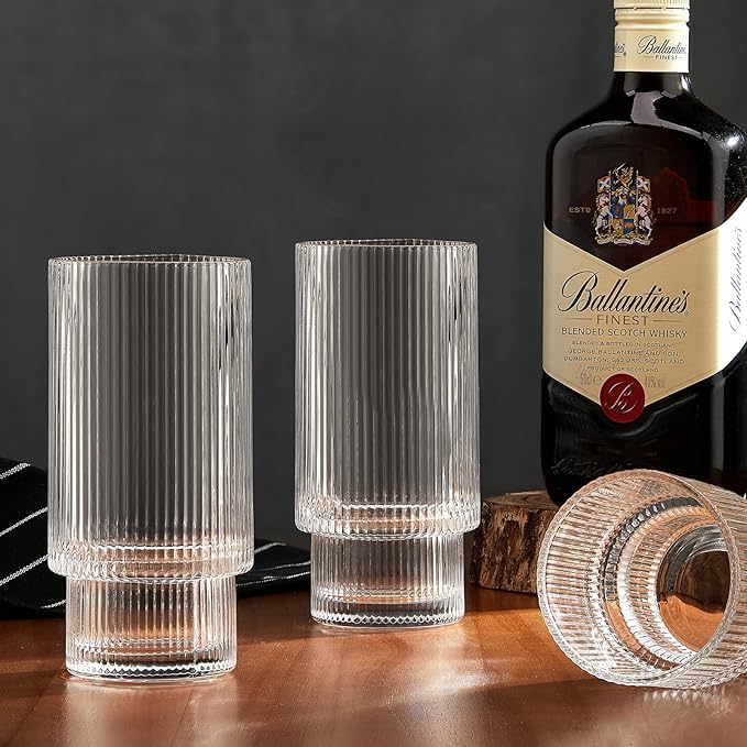 Qipecedm 6 Pack Ribbed Drinking Glasses, 16 oz Vintage Glass Cups, Highball Glasses, Premium Iced Coffee Glasses, Clear Glass Tumbler, Cocktail Glasses, Elegant Glassware for Water Juice Whiskey Beer
