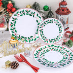 KIRE 150PCS Christmas Plates Disposable - Christmas Plates Dinnerware - White Plastic Plates With Berry And Leaves Design, Red Plastic Silverware And Cups With Red Rim For Christmas Party Supplies