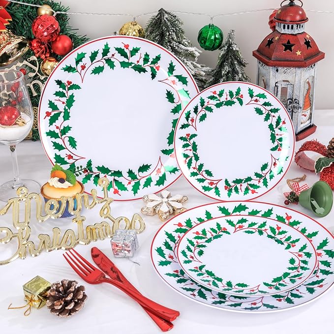 KIRE 150PCS Christmas Plates Disposable - Christmas Plates Dinnerware - White Plastic Plates With Berry And Leaves Design, Red Plastic Silverware And Cups With Red Rim For Christmas Party Supplies