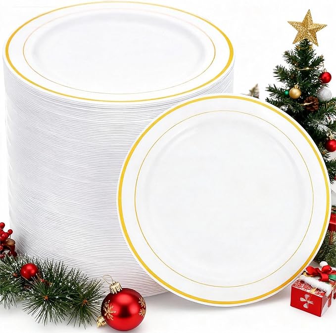 WELLIFE 144Pcs Gold Dessert Plates, 7.5 Inch Plastic Appetizer plates, Heavy Duty plastic Party Plates, White and Gold Plastic plate for Party and Wedding