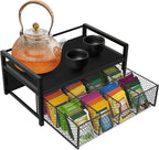 Homode Wood Tea Bag Organizer, Teabag Holder with Drawer, Tea Organizers and Storage Box, 8 Compartments Tea Caddy Station Chests Display Container for Counter Kitchen, Black