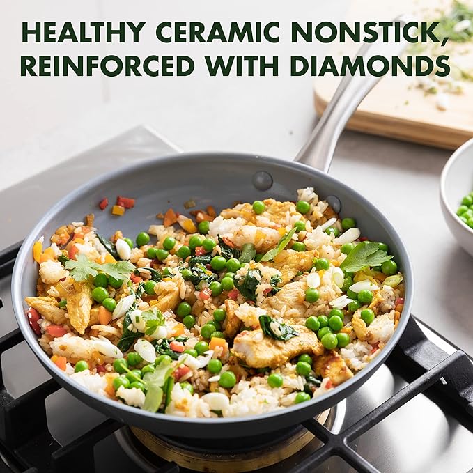GreenPan Lima Hard Anodized 12" Frying Pan Skillet with Lid, Ceramic Nonstick, PFAS-Free Nontoxic Pots and Pans, Oven & Broiler Safe, Stainless Steel Handle, Cookware for Eggs & Omelet, Gray
