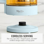 Martha Stewart Electric Kettle with Removable Stainless Steel Tea Infuser, Glass Carafe 1.7L (7 Cups), Hot Water Boiler, 4 Presets, Keep Warm & Auto Shut-Off, Cordless 360° Swivel Base, Sky Blue