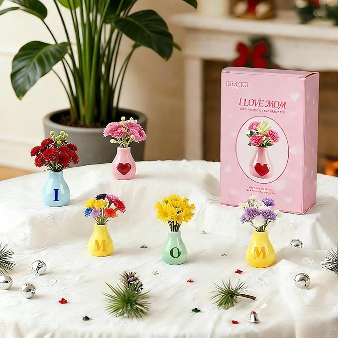 Renmxj 5 Pcs Mini Fridge Magnets, Cute Mini Ceramic Vase with Artificial Flowers, Tiny Pots Plant Vase for Kitchen Refrigerator Office Locker Decor, for Mom