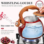 GGC Tea Kettle for Stove Top, 3.1QT/3L Whistling Tea Kettles for Boiling Water Coffee or Milk, Gradient Red Pot with Wood Parttern Handle, Stainless Steel Kettle Pot for Home and Kitchen