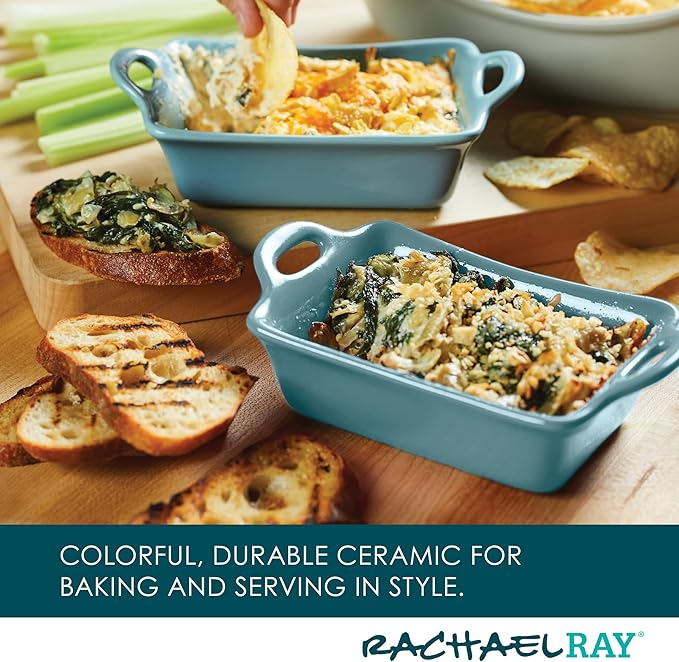 Rachael Ray Ceramics Au Gratin Set, Rectangular, Two 12-ounce, Agave Blue