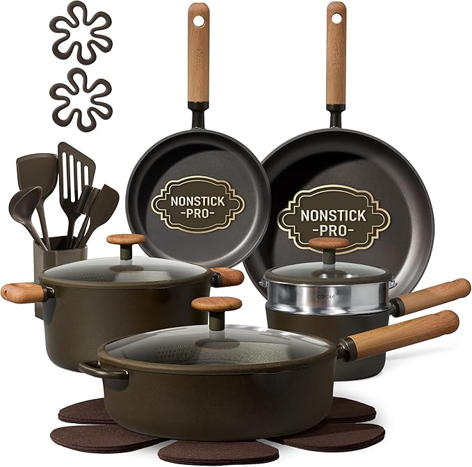 CAROTE Pots and Pans Set Non Stick, 21PCS Cookware Set with Strainer Lid, Induction Cooking Set with Kitchen Utensils, Dark Green
