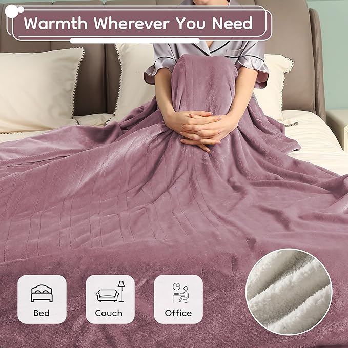 Electric Heated Blanket Queen Size - 84"x90", Soft Flannel Heating Blanket, 10 Heating Levels, 1-12 H Auto Shut Off, Dual Controllers, Breathable Warm and Washable for Bed, Purple