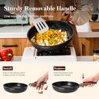Kitchen Academy Removable Handle Induction Pots and Pans Set - 10 Piece Non-stick Cookware Sets, Black Granite Stackable RV Cookware for Camp