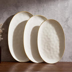 famiware Serving Platter, Oval 15.59/14.3/12.9inch Serving Dishes for Entertaining, Serving Bowls, Microwave Safe, Stoneware Serving Trays for Party, Food, Turkey, Cheese, Ocean Series, Vanilla White