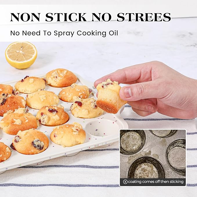 Regular 12 Cup and Mini 24 Cup Nonstick Cupcake Pan Set Silicone Muffin Pan for Baking Silicone Cupcake Mold with Metal Reinforced Frame BPA Free (2 Pcs, Cream)
