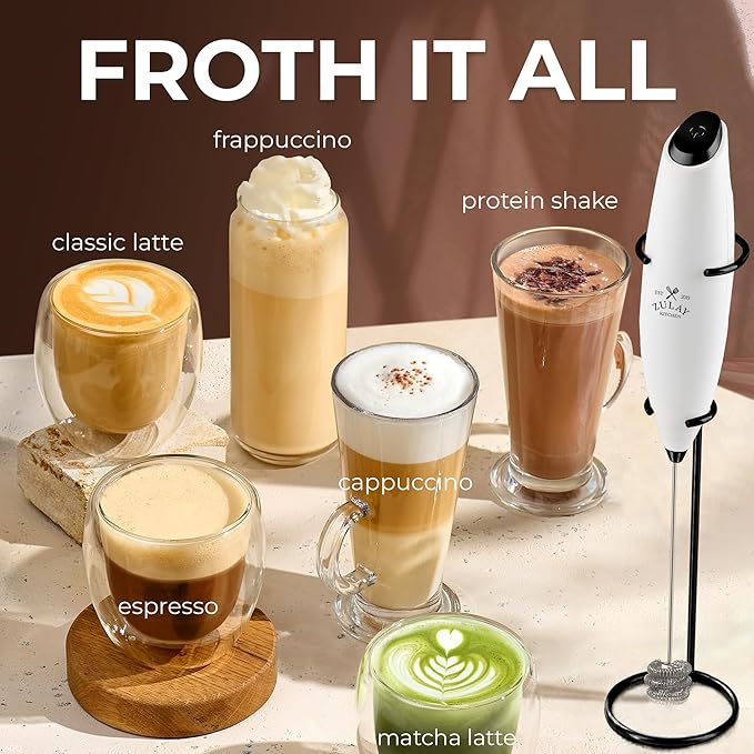 Zulay Kitchen Patented Tornado Triple Whisk Milk Frother with 4 Duracell Batteries – Handheld Foam Maker for Coffee, Lattes, Matcha & Hot Chocolate – Rich, Creamy Froth in Seconds - White & Black