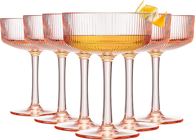 Khen Shatterproof Acrylic Ribbed Vintage Art Deco Martini, Champagne & Cocktail Pink Peach Tint Color Plastic Coupe Glasses | Set of 6 | 8oz Ripple Glassware Cocktail Indoor & Outdoor European Style