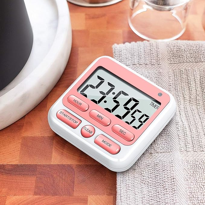 KTKUDY Digital Kitchen Timer with Mute/Loud Alarm Switch ON/Off Switch, 12-Hour Clock & Alarm, Memory Function Count Up & Count Down for Kids Teachers Cooking, Large LCD Display, Strong Magnet (Pink)