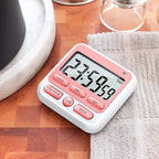KTKUDY Digital Kitchen Timer with Mute/Loud Alarm Switch ON/Off Switch, 12-Hour Clock & Alarm, Memory Function Count Up & Count Down for Kids Teachers Cooking, Large LCD Display, Strong Magnet (Pink)