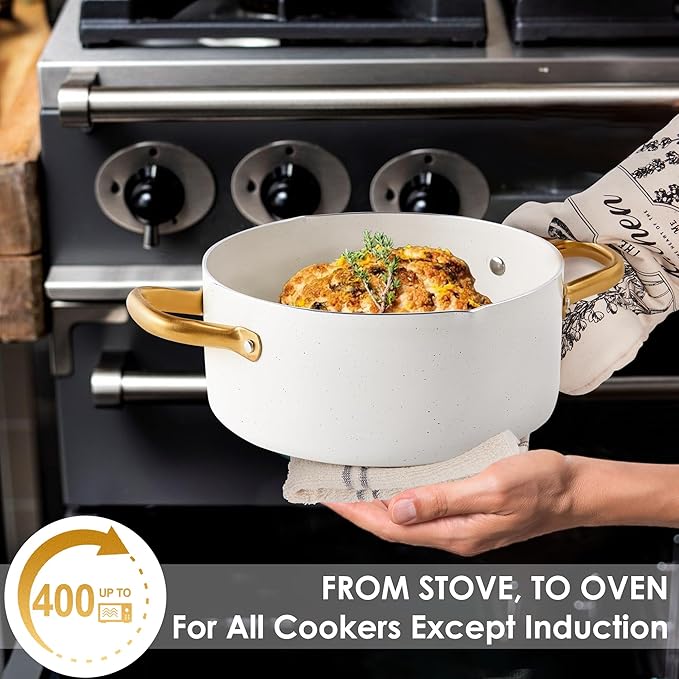 Pots and Pans Set - VONIKI Nonstick Granite Cookware Set, Gold Kitchen Cookware Sets, Non Toxic Cooking Pot Set, PFOA Free, Oven & Dishwasher Safe - Ideal Gift for Home Chefs