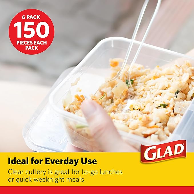 Glad Premium Assorted Plastic Cutlery | Clear Extra Heavy Duty forks, Knives, And Spoons | 150 Piece Set of Disposable Party Utensils, and Sturdy Cutlery - 6 Pack