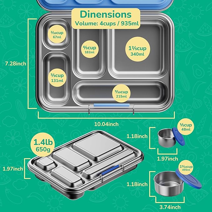 AOHEA Stainless Steel Bento Box Kids, Kids Metal Bento Lunch Box BPA Free Lunch Box Containers 304 Stainless Steel Bento Box for School and Office(Green)