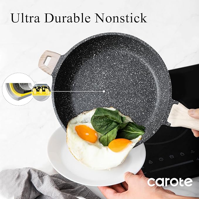 CAROTE 12inch Nonstick Frying Pan Skillet,Non Stick Granite Fry Pan Egg Pan Omelet Pans, Stone Cookware Chef's Pan, PFOA Free,Induction Compatible