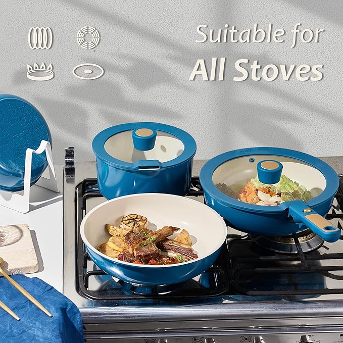 CAROTE 15Pcs Ceramic Cookware Set, Pots and Pans Set Non stick, Non Toxic Cookware Detachable Handle, Induction Cookware, Dishwasher/Oven Safe, RV/Camping, PFAS Free, Blue&Gold