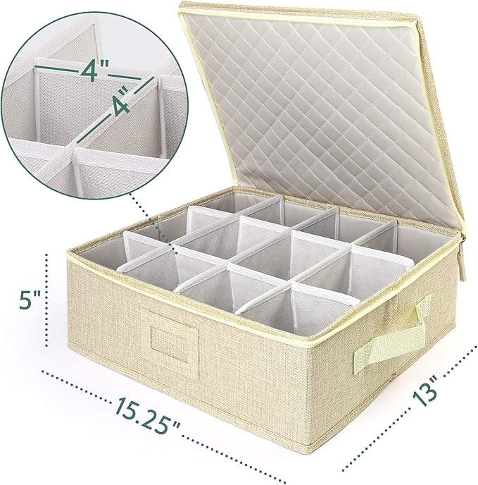 LotFancy Cup and Mug Storage Box, Hard Shell, China Coffee Mug Storage Container for Moving, Holds 12 Tea Cups, with Dividers & Handles, Beige