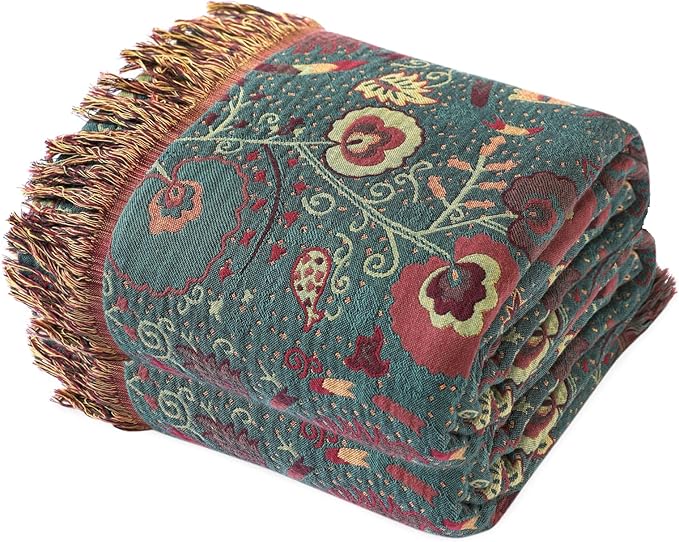 MSGKV Cotton Bed Blanket for Couch and Sofa Blankets for Living Room Bedroom Reversable Florals Throw 80"x90" Breathable Cozy Boho Blankets