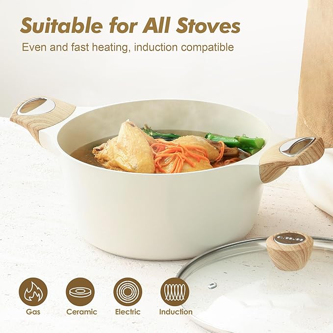 SENSARTE Ceramic Nonstick Stock Pot with Lid, 4.5+6.6 QT Soup Pot Set Casserole Pot, Non-toxic Healthy Pasta Pot, Large Cooking Pot Stew Pot, Induction Compatible, PFOA PFAS PTFE Free, White