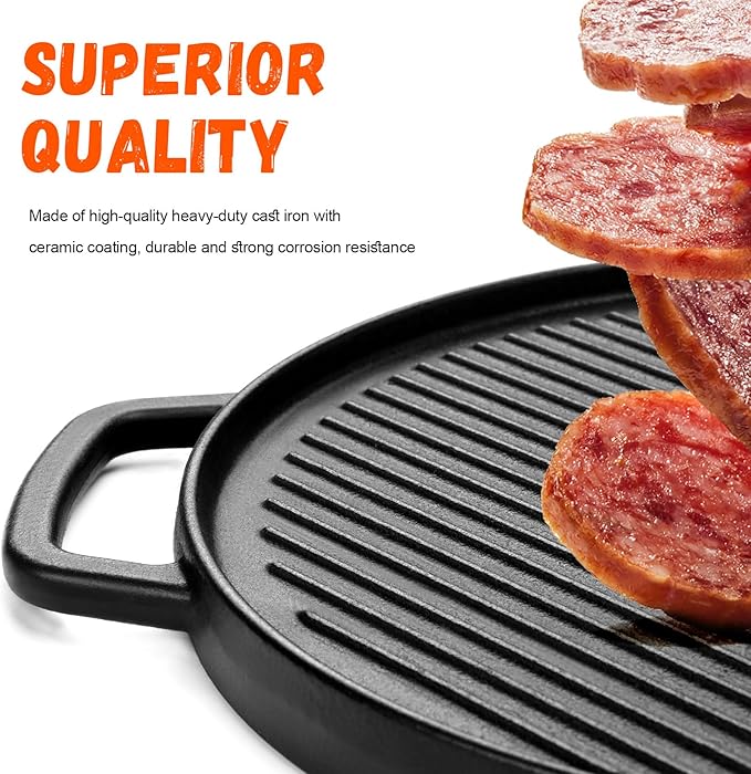 GGC Reversible Cast Iron Griddle, Double-sided Griddle Pan for Stove Tops, Gas Grills and Outdoor Cooking, 14 inch Grill Griddle with Baking Flat and Ribbed