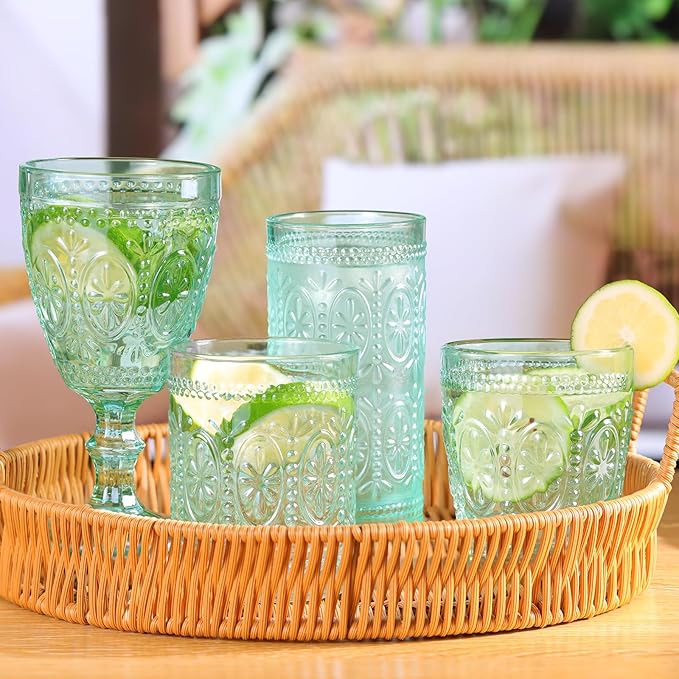 abrwyy Glassware set of 4, Vintage Drinking Glasses, 10oz Heavy Duty Glass Cups, Colored Glassware Set, Embossed Glasses Set for Party Wedding Home Office Glassesware Gift