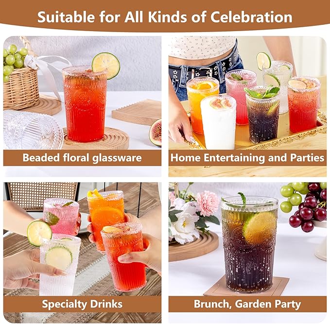 Ciaell 12 Pack Romantic Plastic Water Glasses - 14 Oz Clear Vintage Drinking Glasses, Embossed Ribbed Plastic Cups, Textured Striped Drinkware Set for Juice, Beverages, Beer, Cocktail