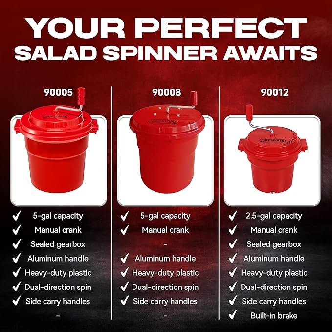 5 Gallon Chef Master Commercial Salad Spinner Dryer – Hand Powered Manual Lettuce Spinner and Fruit Washer Bowl w/ Strainer - Sealed Gearbox, Built In Brake System - Durable Spinner Mechanism - 90005