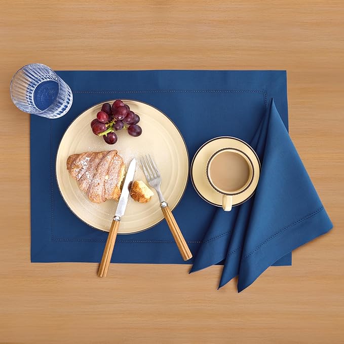 Solino Home Cotton Linen Placemats Set of 4 - Hemstitch Lapis Blue Placemats 14 x 19 Inch - Machine Washable Table Mats for Winter