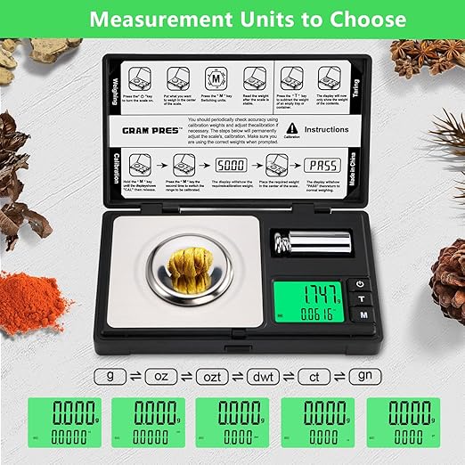 GRAM PRES High Precision Milligram Scale,50g/0.001g Digital Mini Pocket Gram Scale,Mg Scale for Weighing Powders,Jewelry, Medicine, Gem, Reloading, with Cal Weight, Tweezer ，Tray and Scoop