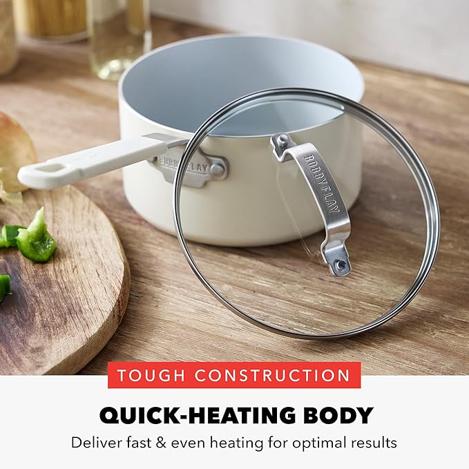 GreenPan x Bobby Flay 1.67QT Nonstick Saucepan with Glass Lid, PFAS-Free Diamond Ceramic, Induction Suitable, Stay-Cool Silicone Handle, Easy Clean Dishwasher & Oven Safe, Chef Pan, Cream