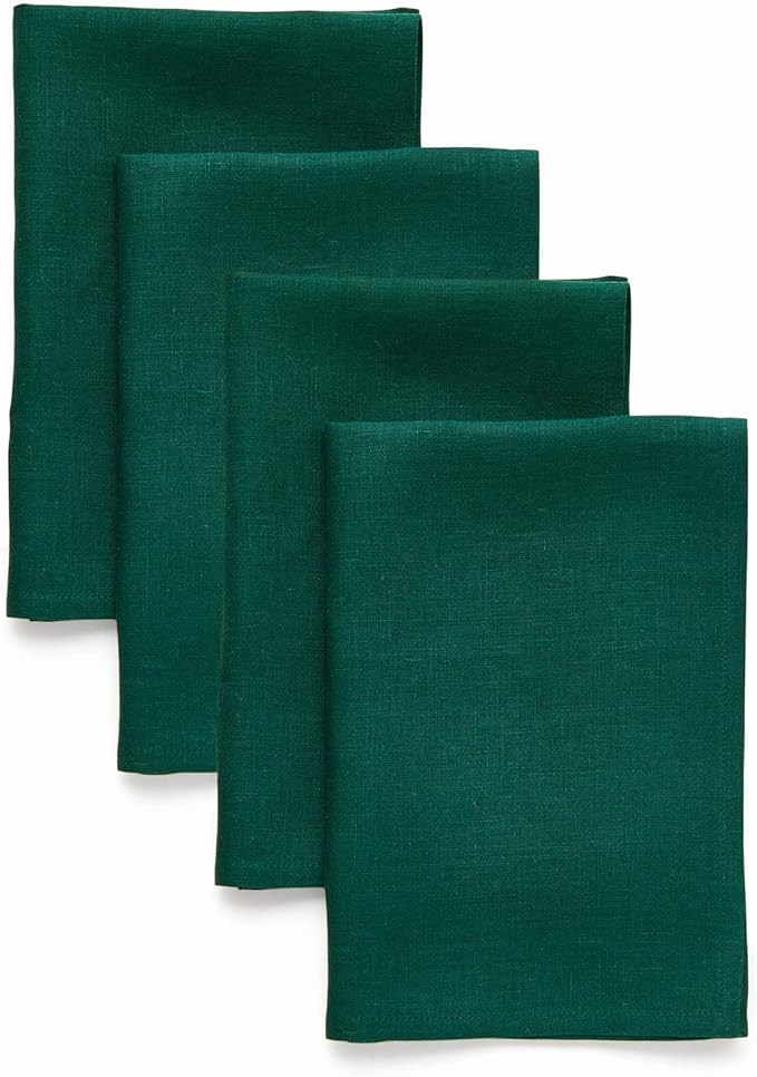 Solino Home Linen Cloth Napkins Set of 4-100% Pure Linen Rainforest Green Dinner Napkins 20 x 20 Inch for Winter, New Year - Fete, Handcrafted and Machine Washable