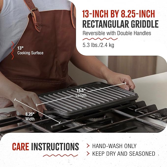 Victoria Rectangular Cast Iron Griddle. Double Burner Griddle, Reversible Grill, 13 x 8.5 Inch, Seasoned with 100% Kosher Certified Non-GMO Flaxseed Oil, Model: GDL-189