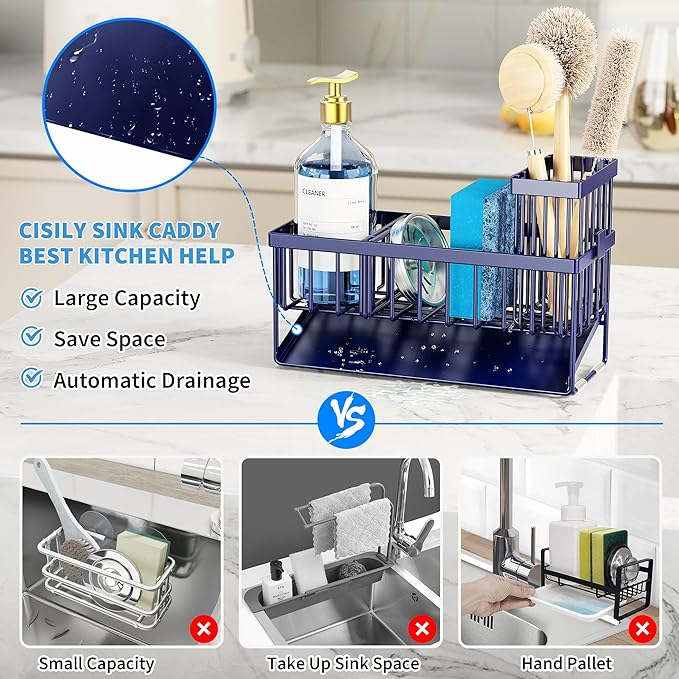Cisily Navy Blue Sink Caddy Organzier with High Brush Holder, Sponge Holder for Sink, 304 Rustproof Stainless, Kitchen Countertop Soap Dispenser Organizer, Gray Blue Kitchen Decor and Accessories