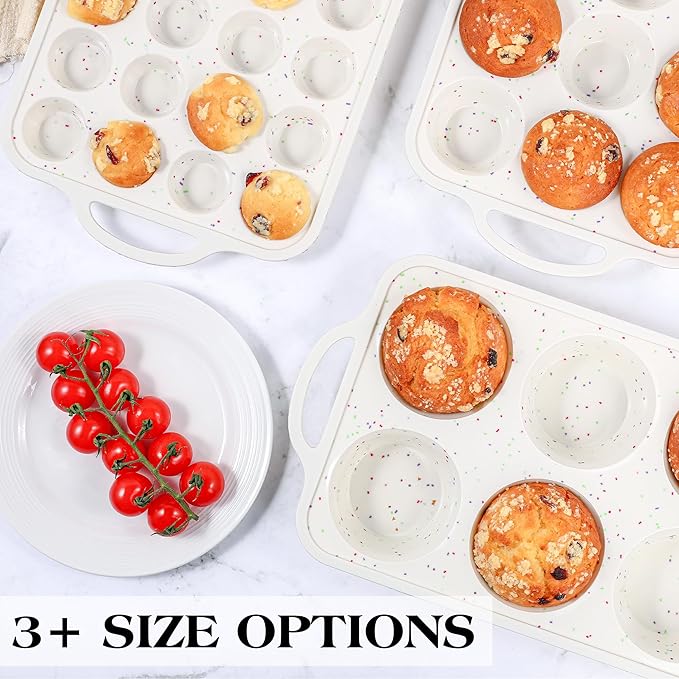 1 Pc Mini Muffin Pan with Metal Reinforced Frame, 24 Cups Nonstick Silicone Cupcake Tray for Baking, Food Grade Small Muffin Molds with Handles (Cream)
