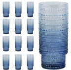 Large Capacity 16 oz Hobnail Drinking Glasses Set of 12, Vintage Glassware Drinking Glasses, Gray-blue Water Glasses Tumbler, Cups for Kitchen, Juice, Beer, Cocktail, Whiskey